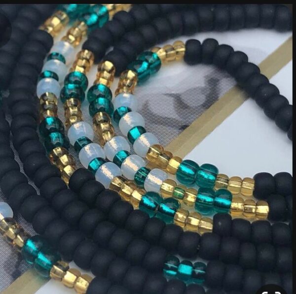 Black,Teal Green,Gold and white waist beads